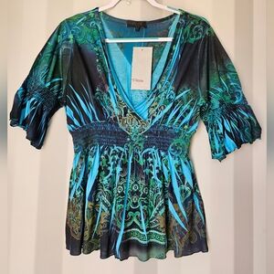B.L.E.U. Teal & Black Ornate Smocked V-Neck Blouse